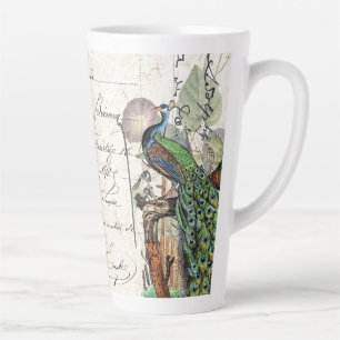 French Ephemera Peacock Bird Flowers Latte Mug