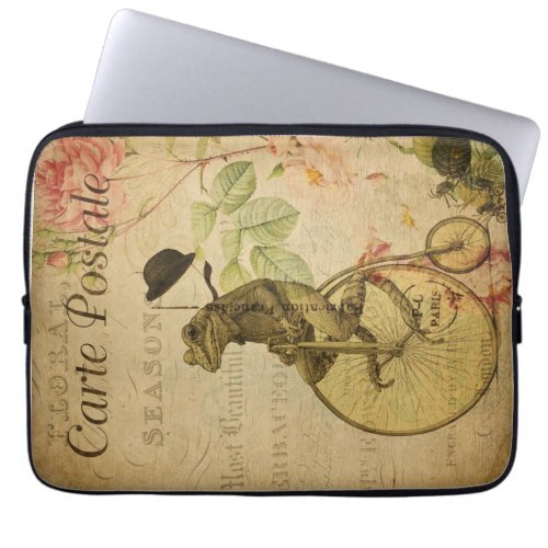 French Ephemera Postcard Frog Riding Bicycle Rose Laptop Sleeve