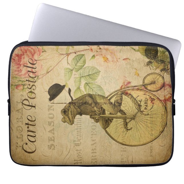 French Ephemera Postcard Frog Riding Bicycle Rose Laptop Sleeve (Front)