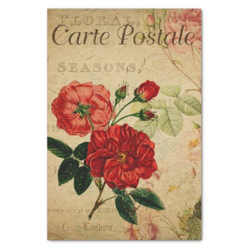 French Ephemera Red Pink Roses Floral Decoupage Tissue Paper