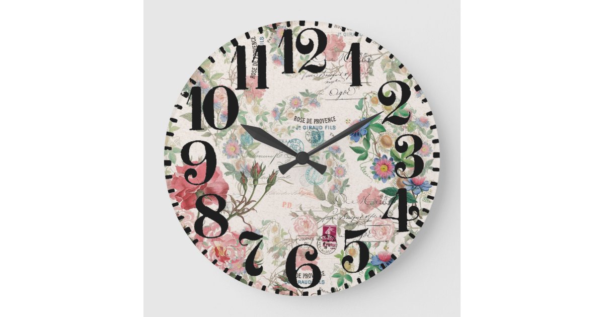 French Ephemera Rose Floral Big Number Wall Clock | Zazzle