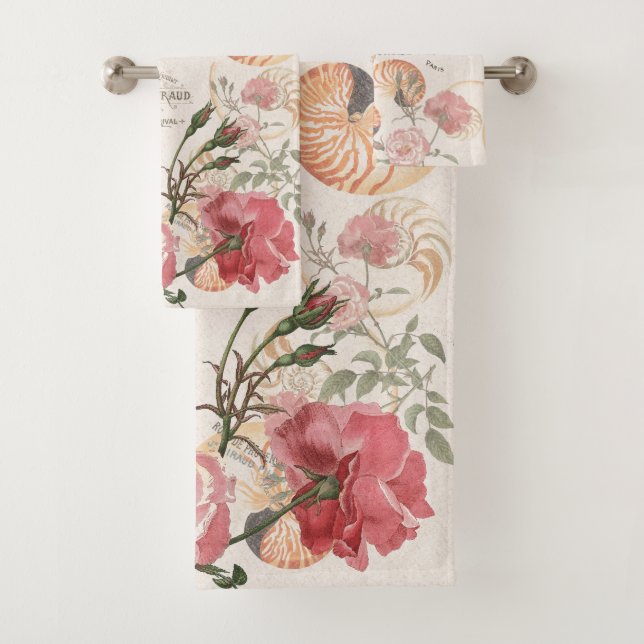 French Ephemera Rose Nautilus Shell Bath Towels (Insitu)