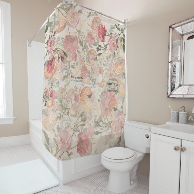 French Ephemera Roses Seashells Shower Curtain (In Situ)