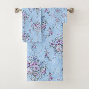 French European Blue White Victorian Style Floral Bath Towel Set