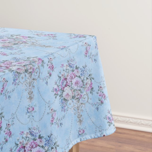 French European Blue White Victorian Style Floral  Tablecloth (In Situ)