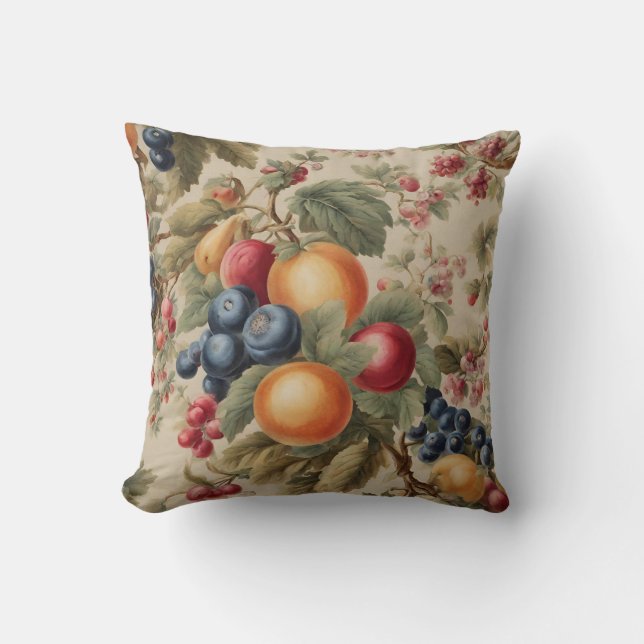 French Exquisite Fruits, Leaves, Delicate Flowers Throw Pillow (Front)