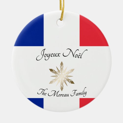 French Family Name Joyeux Nol Flag and Snowflake Ceramic Ornament