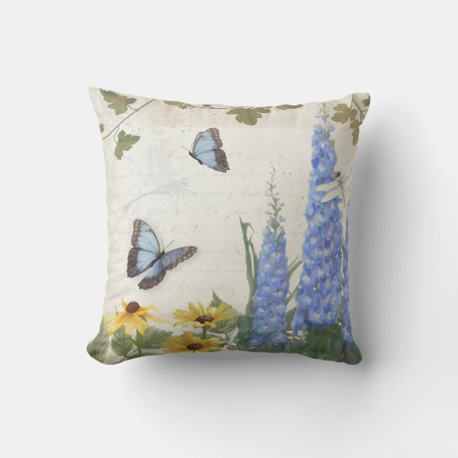 French Farm Vintage Delphinium Butterfly Script Throw Pillow (Front)