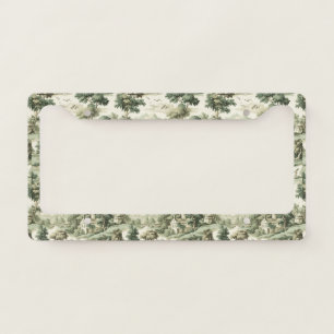 French Farmhouse Green Toile Village Pattern License Plate Frame