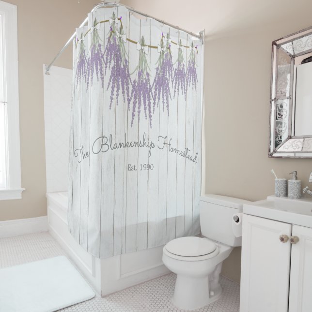 French Farmhouse Lavender Bundle White Bow Shower Curtain (In Situ)