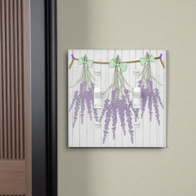 French Farmhouse Lavender Bundles Green Bow Light Switch Cover (two toggle switch plate green bows hanging lavender flower bundles on wall)