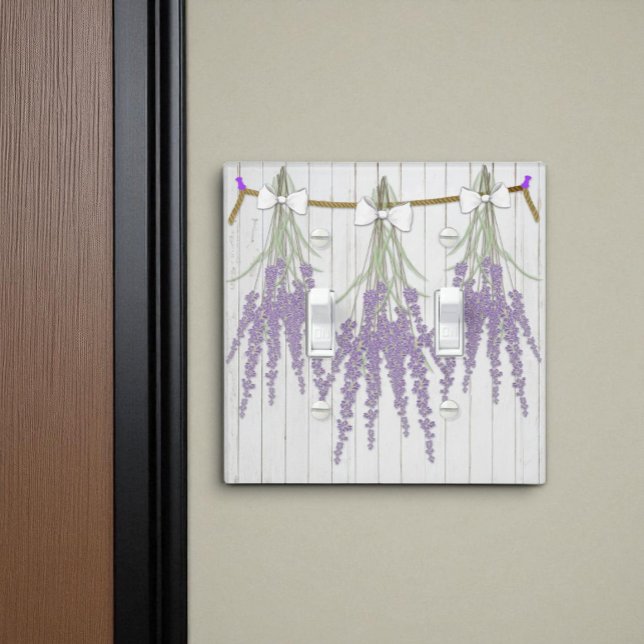 French Farmhouse Lavender Bundles White Bow Light Switch Cover (two toggle light switch plate on wall)