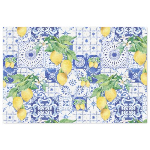 French Farmhouse Lemon Blue n White Tile Decoupage Tissue Paper