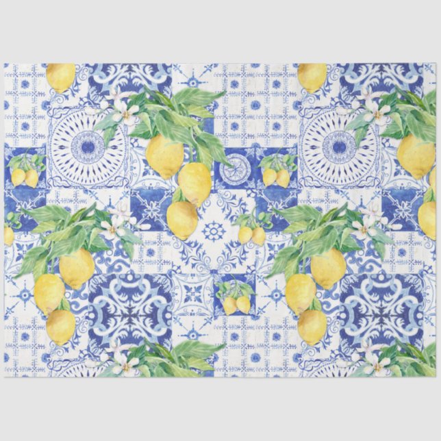 French Farmhouse Lemon Blue n White Tile Decoupage Tissue Paper (Front)