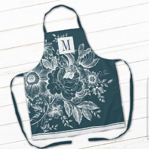 French Farmhouse Peony Monogram Dark Turquoise Apron