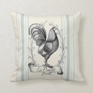 French Farmhouse Rooster blue grain sack striped Throw Pillow