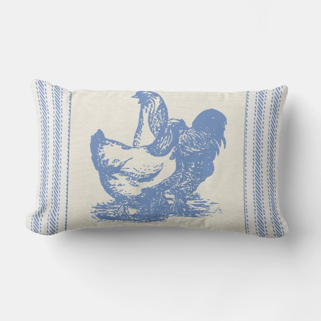 French Farmyard Chickens with Ticking Lumbar Pillow (Front)