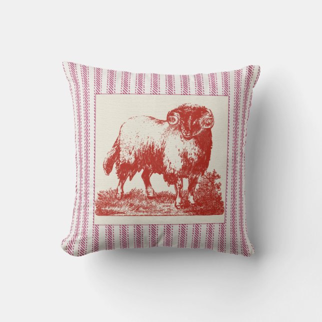 French Farmyard Sheep with Ticking Throw Pillow (Front)