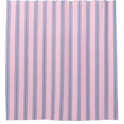 French Feed Sack blue stripe on pink Shower Curtain