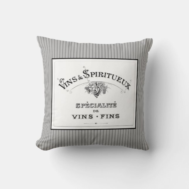 French Fine Wines Vintage Gray Pinstripe Throw Pillow (Front)