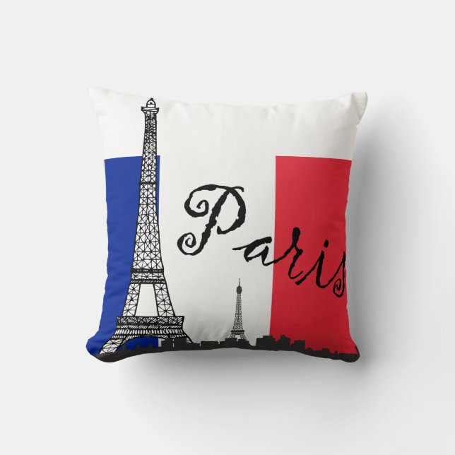 French Flag and the Eiffel Tower Throw Pillow (Front)