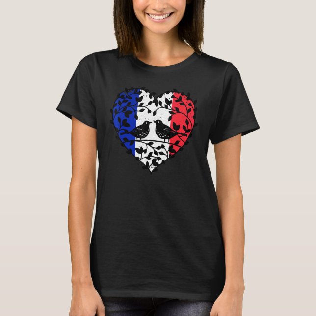 French Flag Bastille Day 2 Little Birds Love Heart T-Shirt (Front)