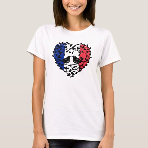 French Flag Bastille Day 2 Little Birds Love Heart T_Shirt