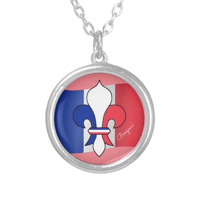 French Flag & Bonjour France, Lily fashion /sports Silver Plated Necklace (Front)
