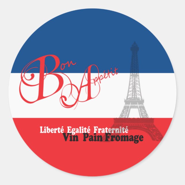 French Flag Eiffel Tower Bon Appetit Classic Round Sticker (Front)