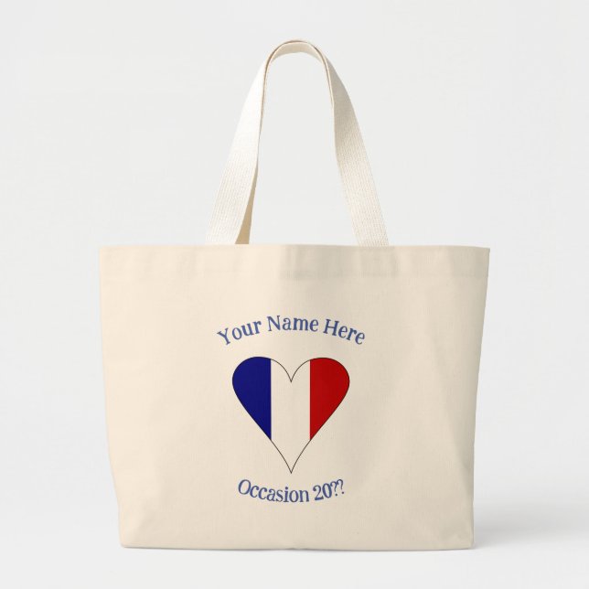 French Flag Heart Blue Personalized  Large Tote Bag (Front)