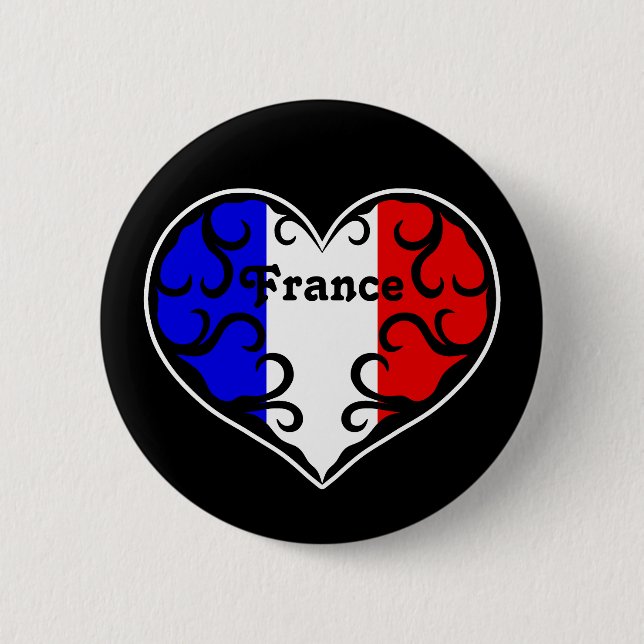 French flag heart on black pinback button (Front)