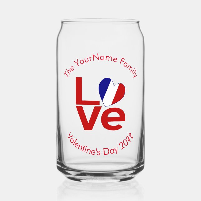 French Flag LOVE Red Personalized Text  Can Glass (Front)