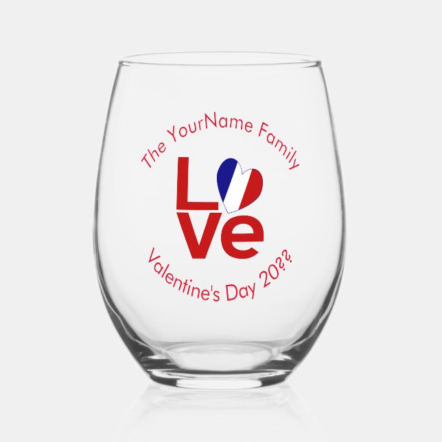 French Flag LOVE Red Personalized Text  Stemless Wine Glass (Front)