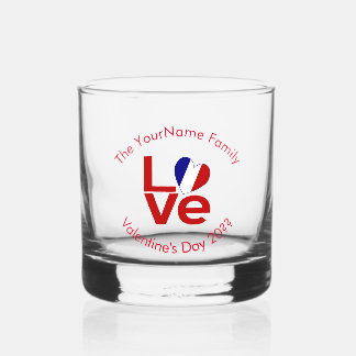 French Flag LOVE Red Personalized Text  Whiskey Glass