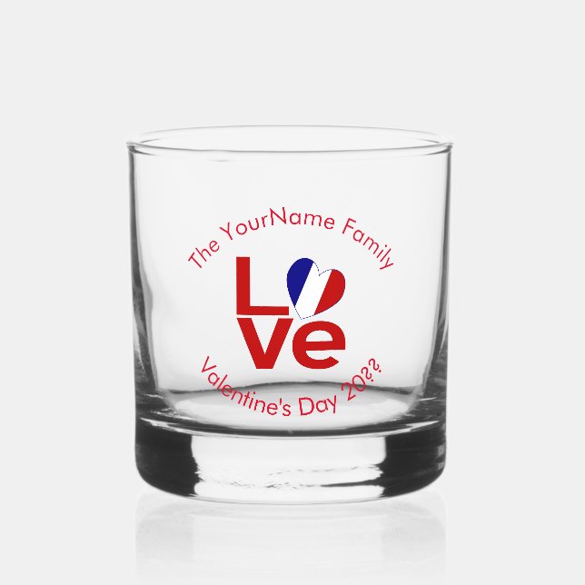 French Flag LOVE Red Personalized Text  Whiskey Glass (Front)