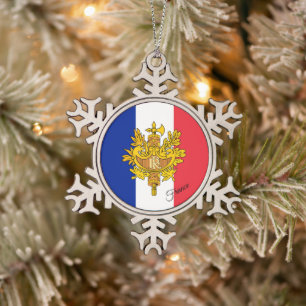 French Flag ornament, emblem, patriotic France Snowflake Pewter Christmas Ornament