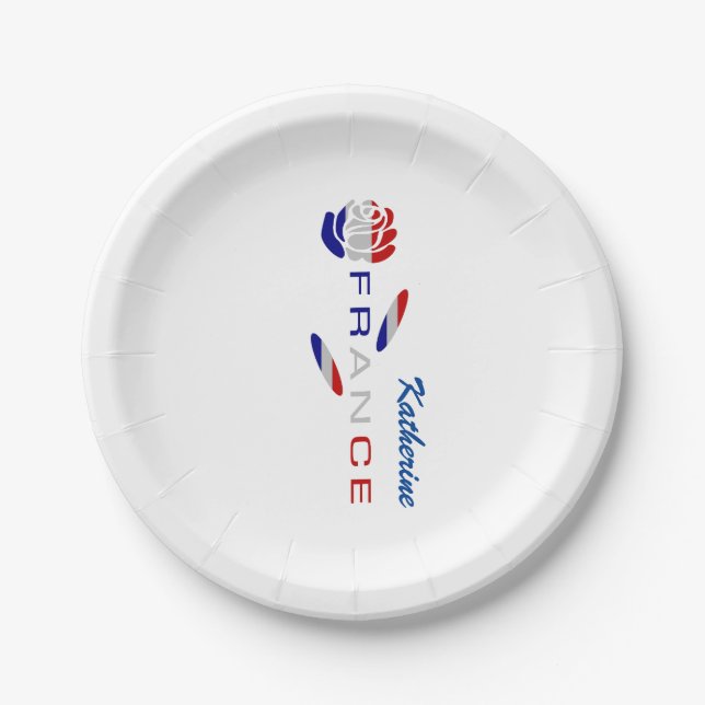 French Flag Rose Personalized Party Paper Plates (Front)
