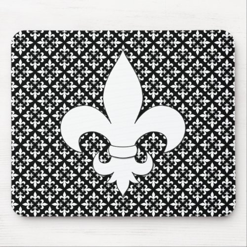 French Fleur de Lis Black and White Pattern Mouse Pad
