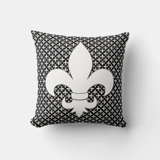 French Fleur de Lis Black and White Pattern Throw Pillow (Front)