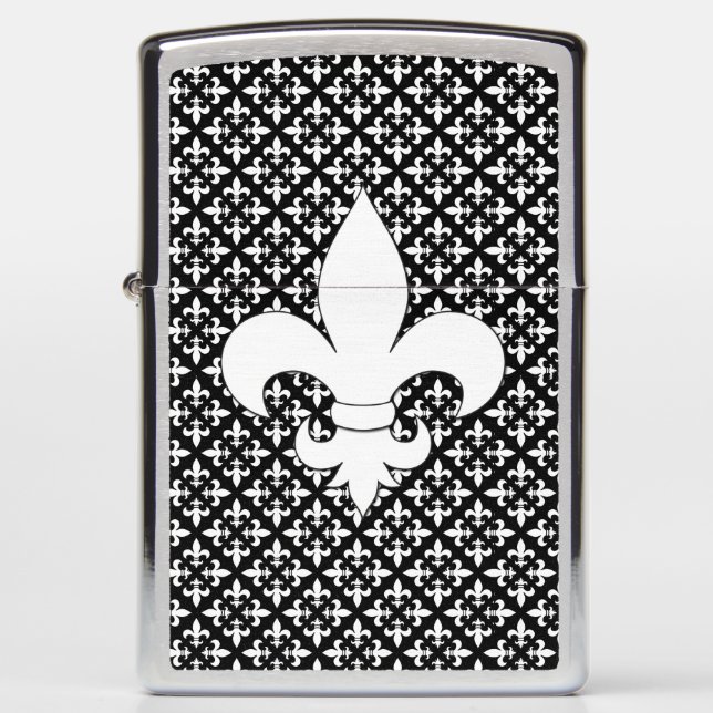 French Fleur de Lis Black and White Pattern Zippo Lighter (Front)