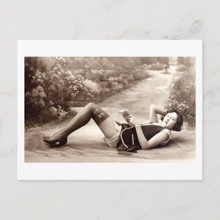 French Flirt - Vintage Pinup Girl Reading Postcard