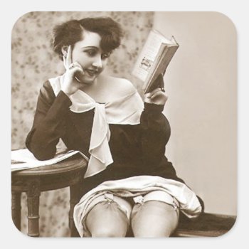 French Flirt - Vintage Pinup Girl Reading Square Sticker by FrenchFlirt at Zazzle
