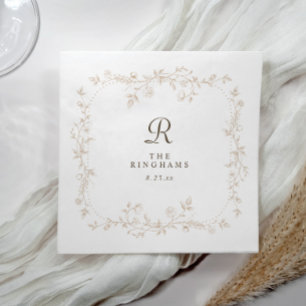 French Floral Beige Tan Victorian Monogram Wedding Napkins