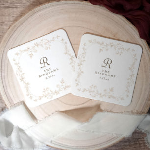 French Floral Beige Tan Vintage Monogram Wedding Square Paper Coaster