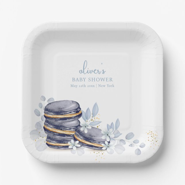French Floral Bonjour Bébé Macaron Baby Shower Paper Plates (Front)