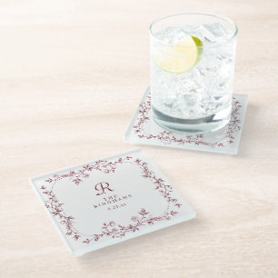 French Floral Burgundy Dark Red Monogram Newlywed Glass Coaster