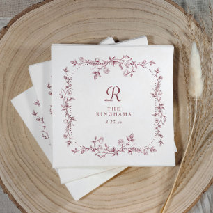 French Floral Burgundy Dark Red Monogram Wedding Napkins
