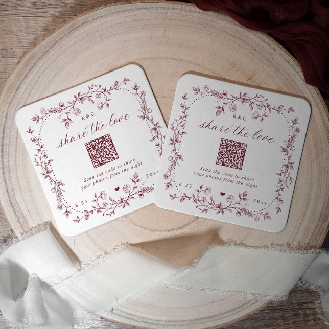 French Floral Burgundy Dark Red QR Code Wedding Square Paper Coaster (Wedding reception QR code coaster with burgundy floral frame inspired by Victorian toile de jouy.)