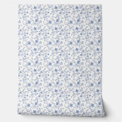 French Floral Charm Mini - Blue and Off-White Wallpaper