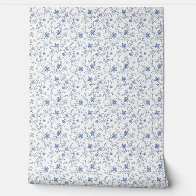 French Floral Charm Mini - Blue and Off-White Wallpaper (Unrolling)